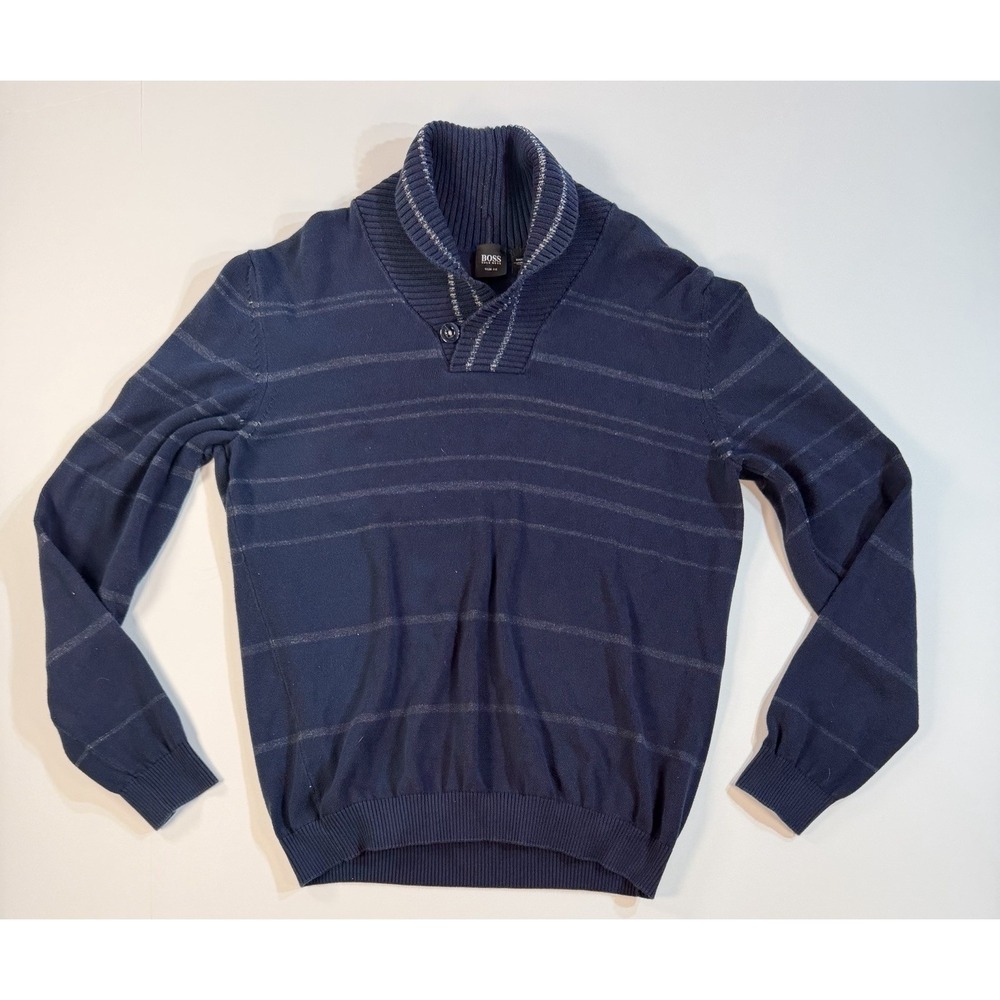 Hugo Boss Sweater Mens L Blue Striped Shawl Collar Knit Slim Fit